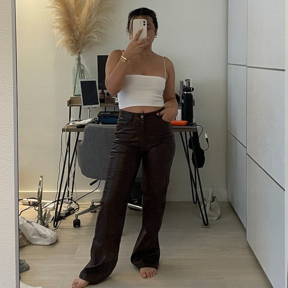 Pants - BROWN FAUX LEATHER STRAIGHT LEG PANTS GARAGE CLOTHING